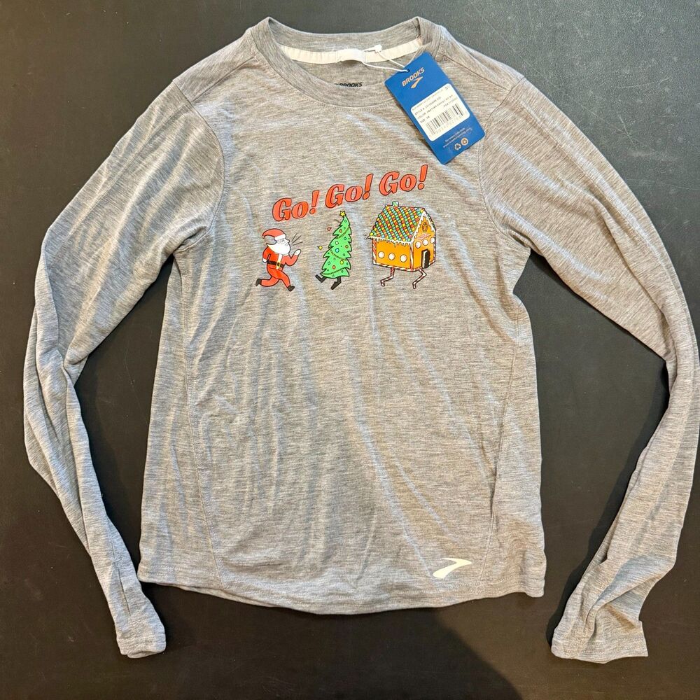 Brooks Run Merry Distance Graphic Long Sleeve Shirt Gray Women's XS NWT